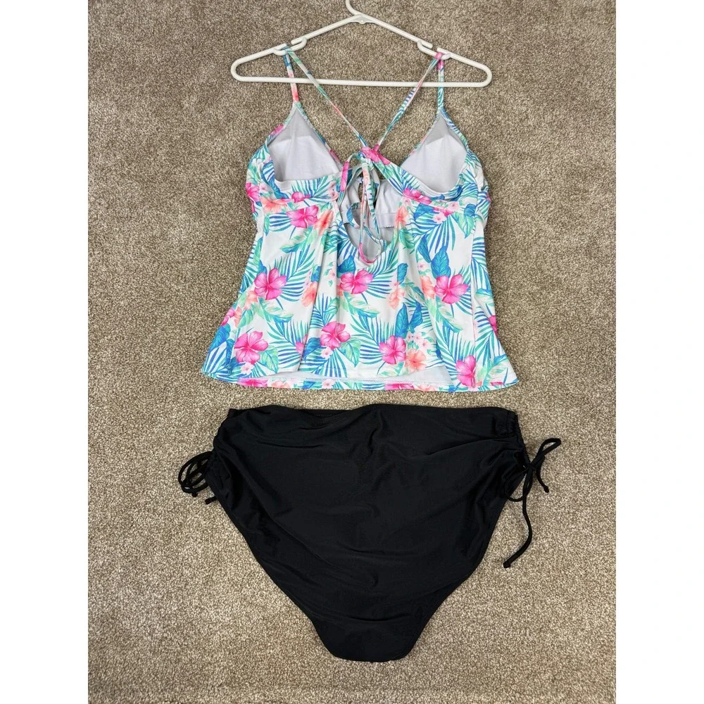 Decree Womens XL‎ Tropical Floral Tankini Set High Waist Ruched Bottoms 2pc Swim